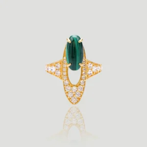 The image features a beautifully designed ring, known as Stardust of the Verdant Wilds. This Malachite ring is crafted from sterling silver plated with 18K gold and showcases an oval-shaped natural malachite stone at its center. Surrounding the malachite are numerous sparkling 5A cubic zirconia stones, enhancing the ring's brilliance and elegance. The ring design includes an elongated, oval shape, with the malachite held securely by four prongs. The gold vermeil setting and the arrangement of the zirconia stones create a luxurious appearance. This Gold Malachite Ring is displayed against a plain, light grey background, which highlights its intricate details and craftsmanship.