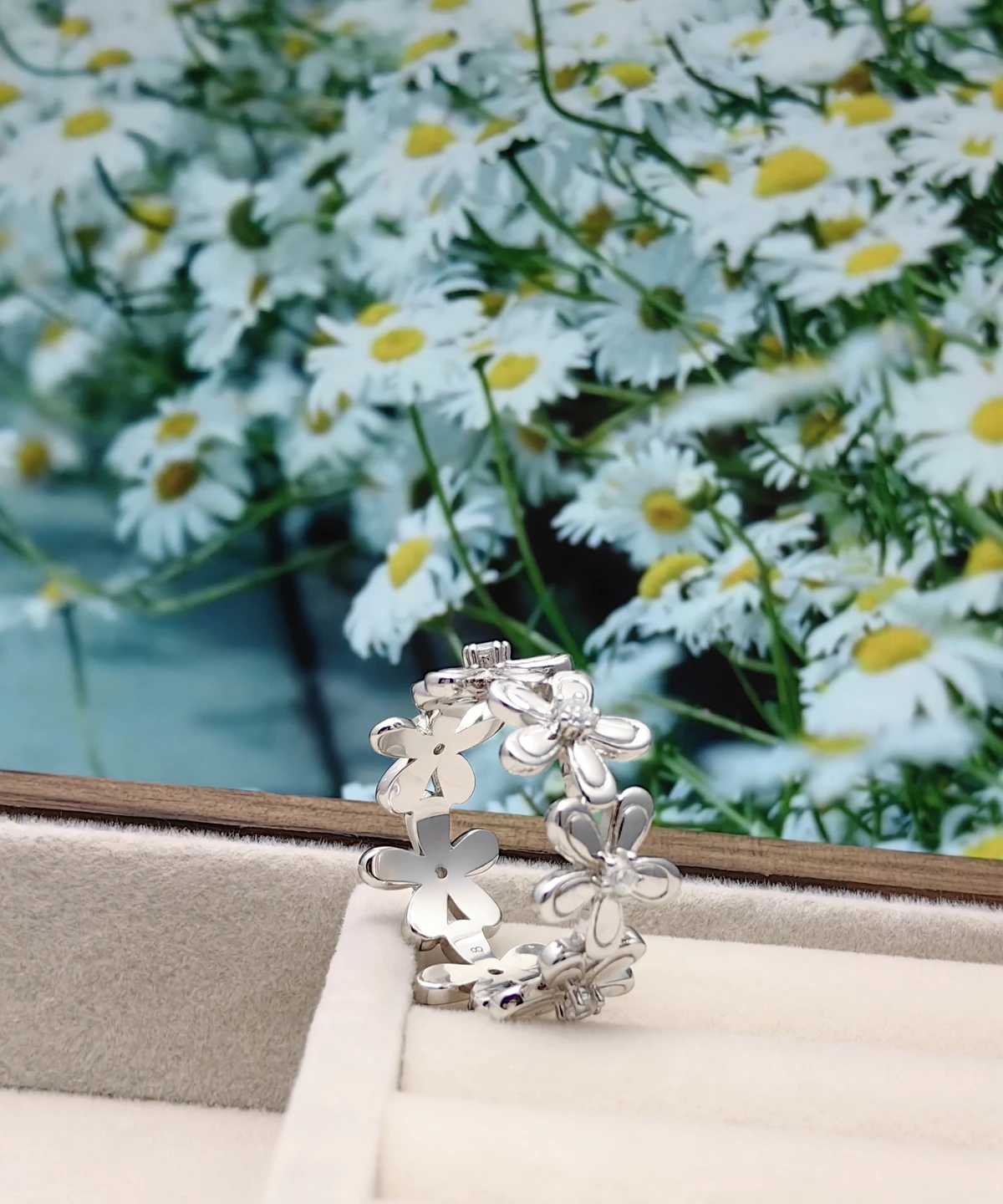 This image showcases the front view of the "Sunshine" silver flower ring, perfectly displaying the ring's overall design and details. The ring is standing upright on a light-colored fabric jewelry box, against a backdrop of blooming daisies. The ring's main part is designed in the shape of flowers, made of sterling silver, with a smooth and shiny surface. Each flower's center is studded with 5A-grade zirconia, sparkling like morning dew. The arrangement of the flowers forms a circular pattern, making the ring look like a blooming floral wreath.