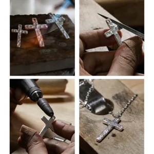 This image showcases the meticulous craftsmanship behind the handmade 999 silver cross necklace pendant. It presents a four-step process: heating multiple silver crosses, refining edges with a file, polishing with a rotary tool, and the final pendant displayed on a wooden surface. Each step highlights the artisan's dedication to precision and quality, ensuring the pendant's elegant finish and durability.