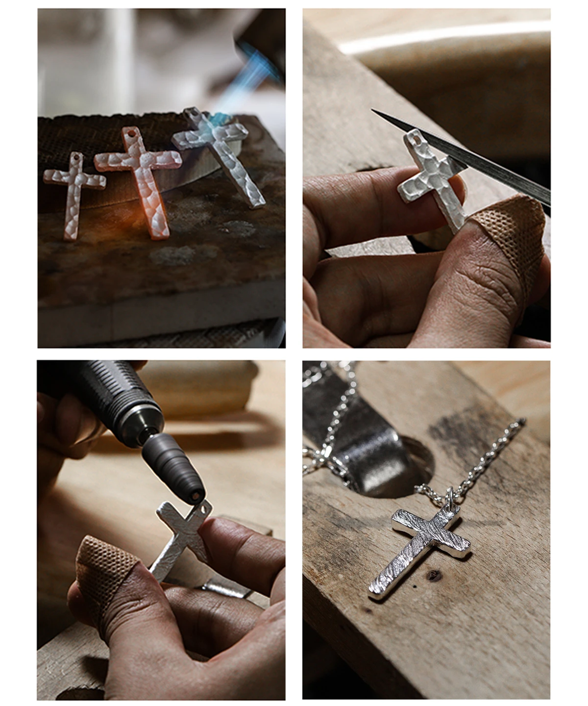 This image showcases the meticulous craftsmanship behind the handmade 999 silver cross necklace pendant. It presents a four-step process: heating multiple silver crosses, refining edges with a file, polishing with a rotary tool, and the final pendant displayed on a wooden surface. Each step highlights the artisan's dedication to precision and quality, ensuring the pendant's elegant finish and durability.