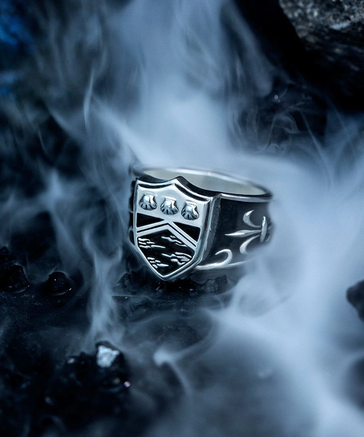 A silver men's ring featuring intricate engravings, including a shield emblem adorned with three small symbols at the top and a landscape motif at the bottom. The ring is set against a misty backdrop, enhancing its mysterious and dramatic aura.