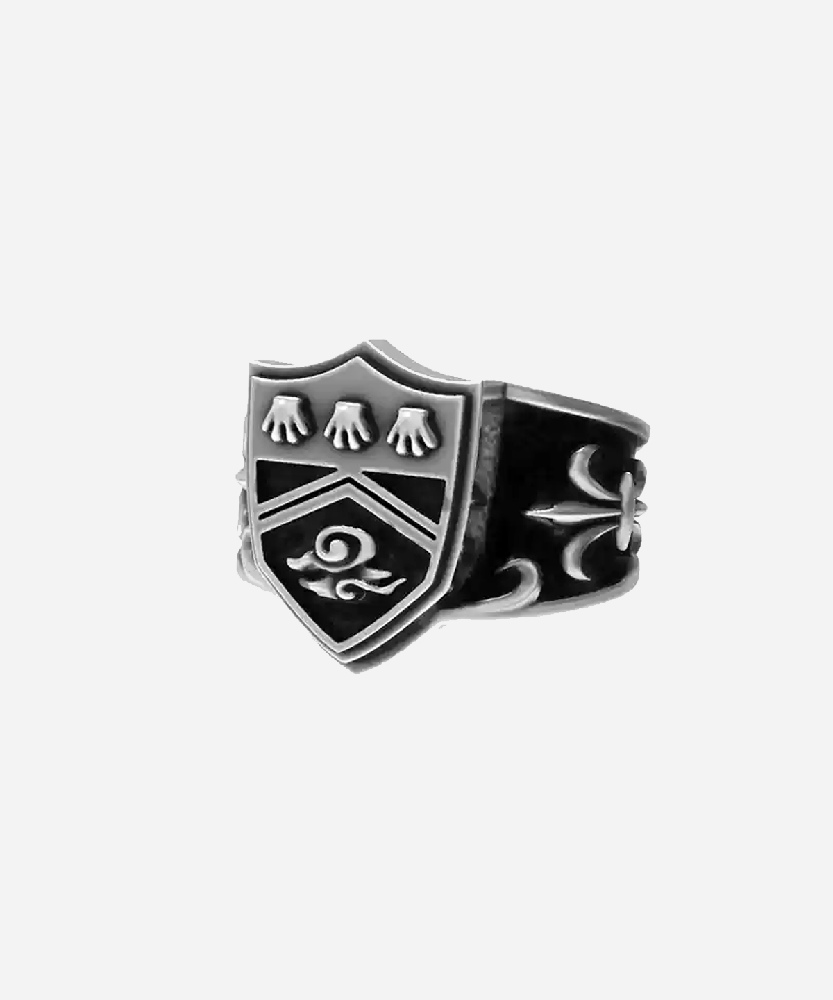 This image primarily showcases the Vongola Cloud Ring from Katekyo Hitman Reborn. Designed as a Silver Men Ring, this striking piece features an emblematic shield-like centerpiece. The top part displays three intricate symbols, while the middle section incorporates a bold chevron pattern. Swirling designs adorn the lower part, adding depth and artistry to the ring’s aesthetic. The band is decorated with fleur-de-lis motifs, enhancing its regal and sophisticated appeal.