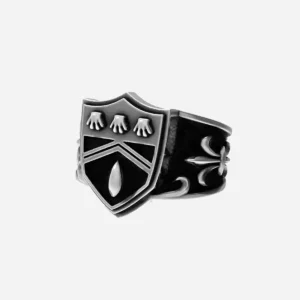 A silver men's ring featuring the Vongola Rain Ring from Katekyo Hitman Reborn. The ring has an intricate shield design with three small hand-like symbols at the top and a teardrop shape at the bottom, set against a detailed silver band.