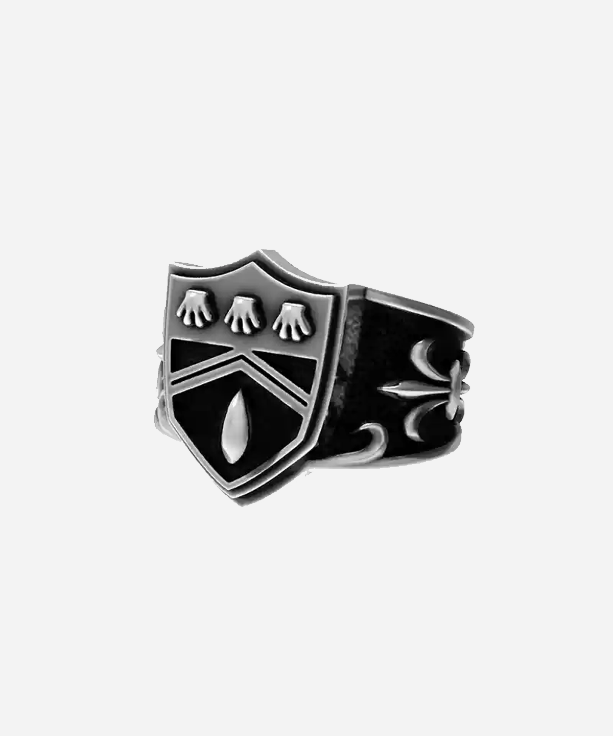 A silver men's ring featuring the Vongola Rain Ring from Katekyo Hitman Reborn. The ring has an intricate shield design with three small hand-like symbols at the top and a teardrop shape at the bottom, set against a detailed silver band.