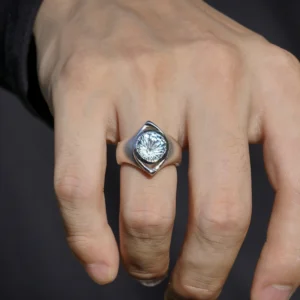 A close-up of a hand adorned with the Six Eyes Ring in Sterling Silver, featuring a striking natural topaz. The intricate craftsmanship and luminous gemstone contrast against a dark background, enhancing its brilliance.