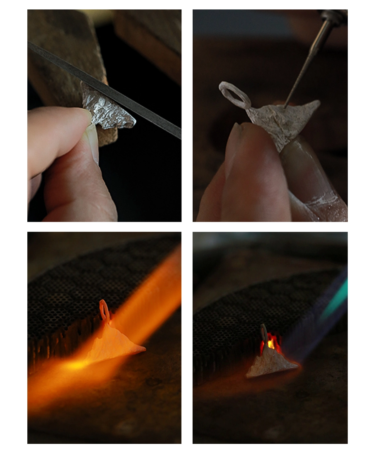 Four images depicting the craftsmanship behind the Snow Mountain Necklace – 999 Pure Silver Pendant. The first image shows a hand meticulously filing the silver pendant. The second captures precision tooling on the pendant’s surface. The third image presents the pendant glowing orange under intense heat. The fourth showcases a blue flame refining the pendant’s form.