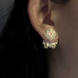 A close-up image of an ear wearing Snowflake Earrings. The earrings are 925 Sterling Silver Lace Stud Earrings, featuring a delicate snowflake design with a pink center stone and intricate lace-like details hanging below.