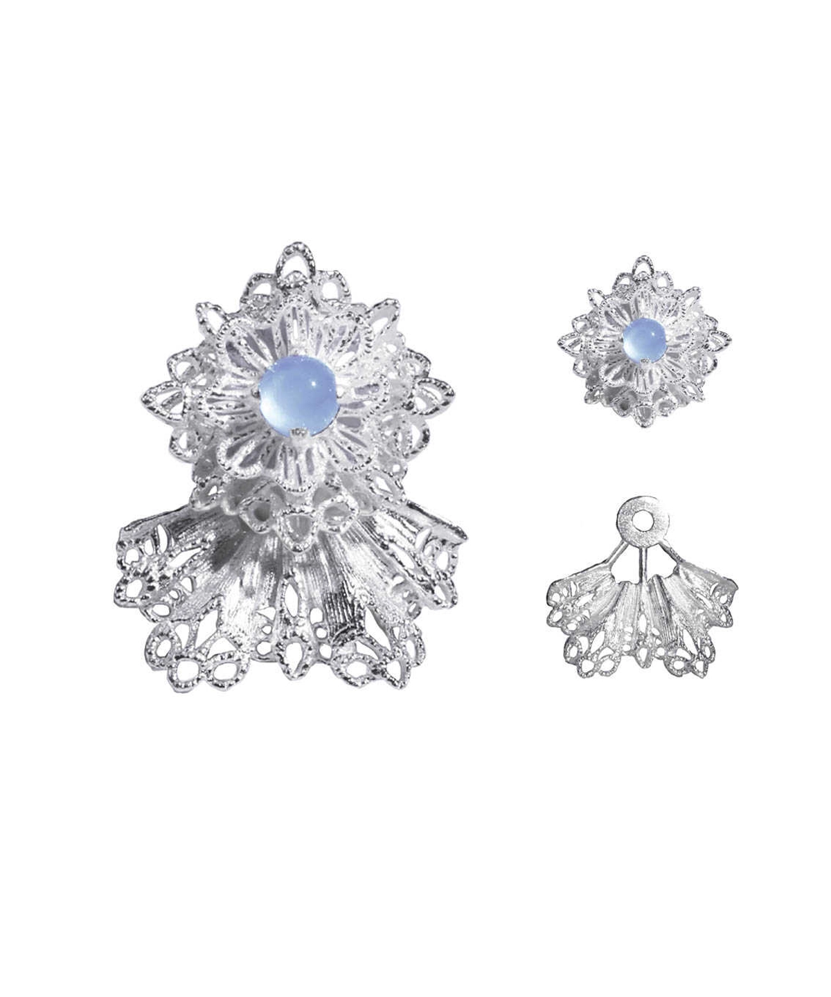 A pair of snowflake earrings, crafted in 925 sterling silver, featuring an intricate lace-like design. Adorned with shimmering Misty Blue gemstones, the earrings capture the icy brilliance of winter’s beauty. The image also showcases the earrings' detachable components, highlighting their versatile styling options.