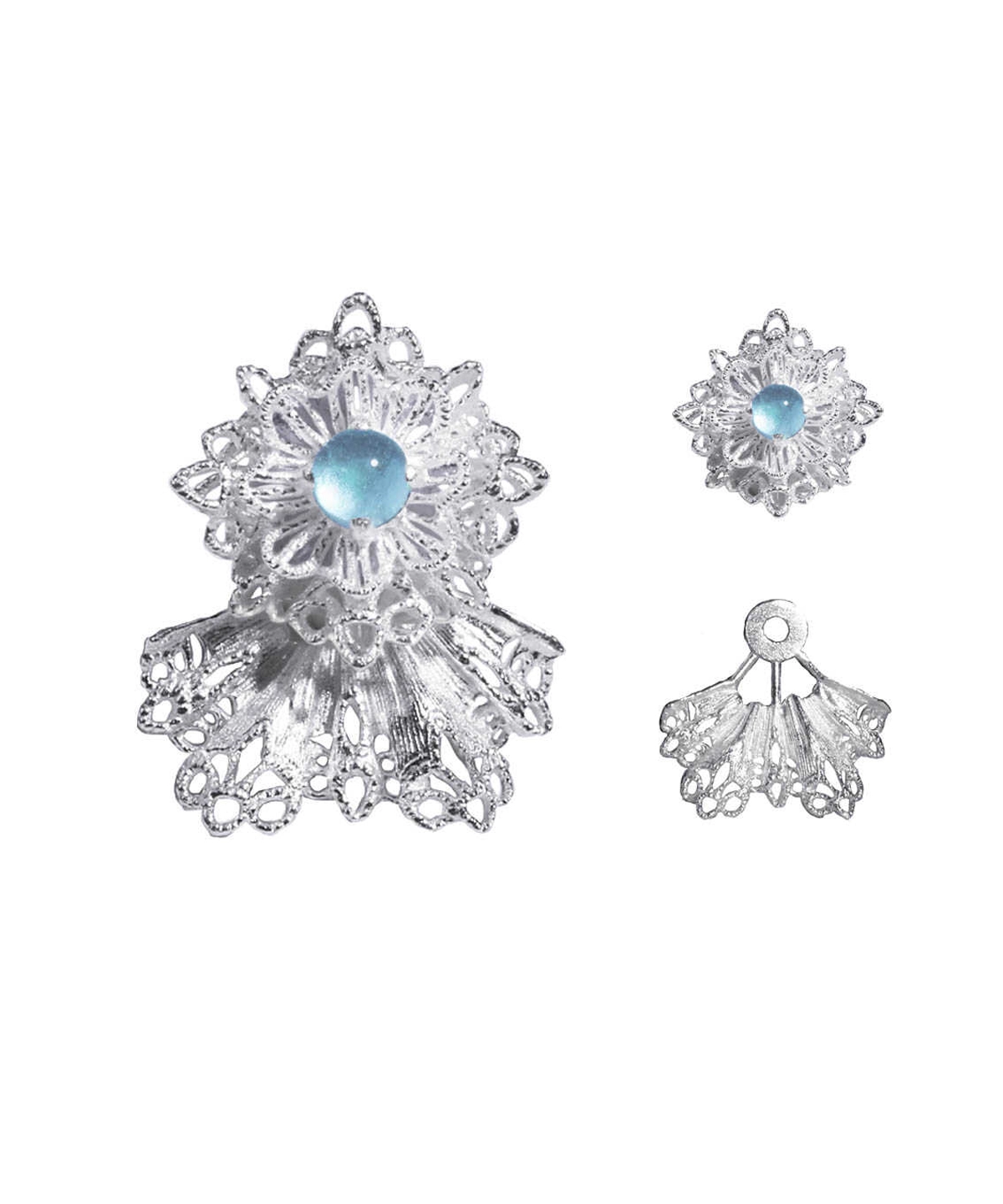 A pair of snowflake earrings, crafted in 925 sterling silver, featuring an intricate lace-like design. Adorned with shimmering Sky Blue gemstones, the earrings capture the icy brilliance of winter’s beauty. The image also showcases the earrings' detachable components, highlighting their versatile styling options.