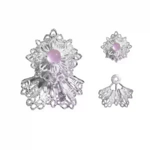 A pair of snowflake earrings, crafted in 925 sterling silver, featuring an intricate lace-like design. Adorned with shimmering Pink gemstones, the earrings capture the icy brilliance of winter’s beauty. The image also showcases the earrings' detachable components, highlighting their versatile styling options.