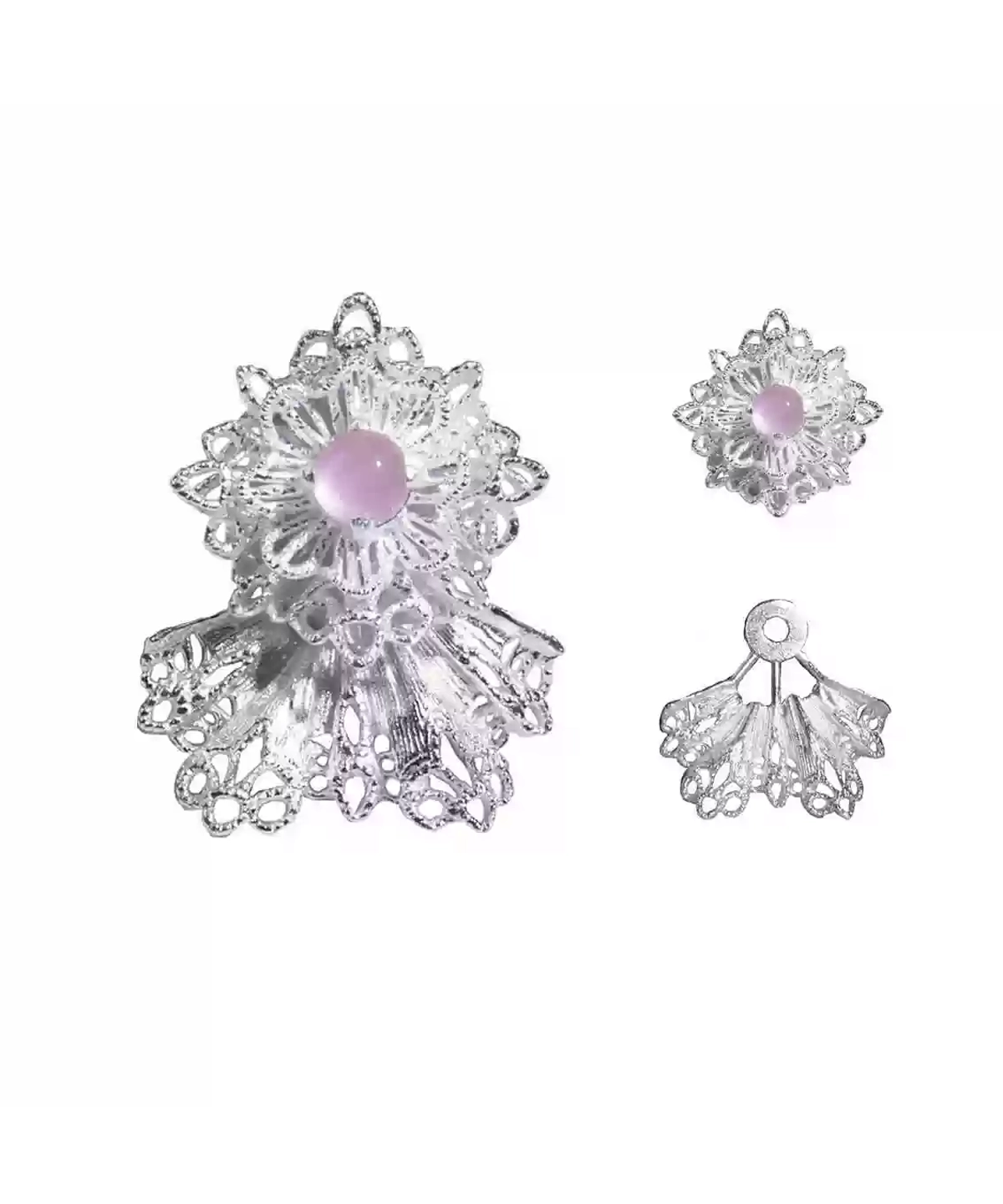 A pair of snowflake earrings, crafted in 925 sterling silver, featuring an intricate lace-like design. Adorned with shimmering Pink gemstones, the earrings capture the icy brilliance of winter’s beauty. The image also showcases the earrings' detachable components, highlighting their versatile styling options.
