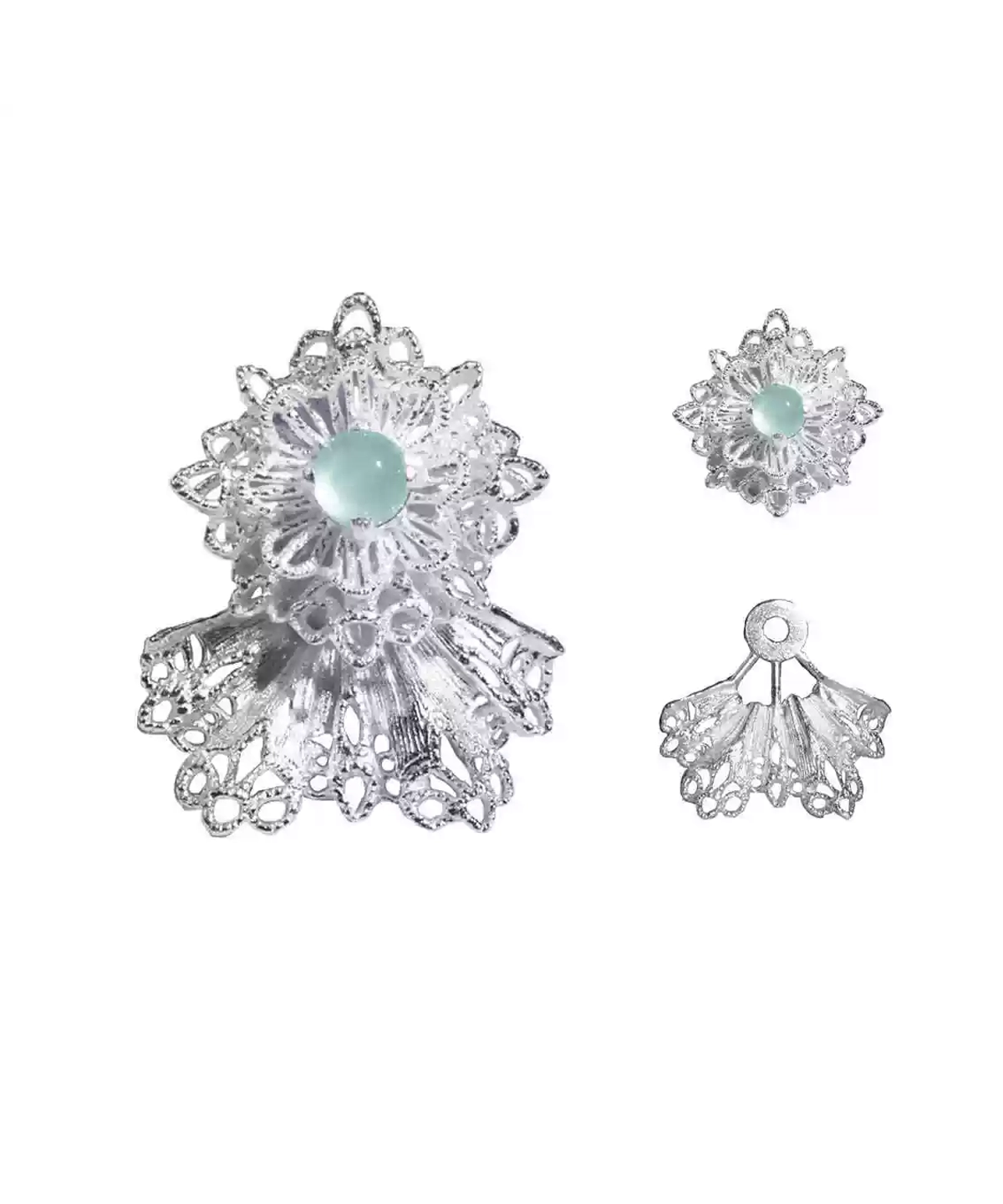 A pair of snowflake earrings, crafted in 925 sterling silver, featuring an intricate lace-like design. Adorned with shimmering Mint Green gemstones, the earrings capture the icy brilliance of winter’s beauty. The image also showcases the earrings' detachable components, highlighting their versatile styling options.
