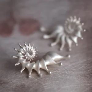Close-up image of Spiral Earrings crafted from S925 Sterling Silver. The designer ear cuffs feature a sleek spiral design with pointed tips, showcasing modern elegance and intricate craftsmanship.
