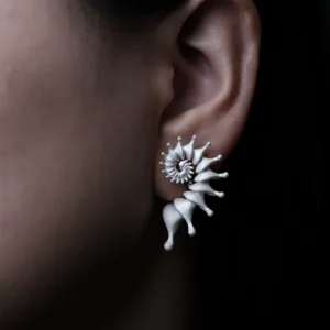 Close-up of a woman's left ear adorned with a Spiral Earrings piece—a Designer Ear Cuff crafted from S925 Sterling Silver. The ear cuff elegantly wraps around the ear’s curve, showcasing its refined spiral shape and pointed accents.
