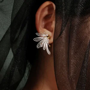 A close-up of an ear showcases the Star Trail | 925 Sterling Silver Star Ear Cuffs, elegantly wrapped around the outer edge. The design features delicate silver stars arranged in a celestial pattern, creating a sophisticated and airy look. The cuff is lightweight and comfortable, seamlessly blending modern artistry with timeless elegance. Its polished sterling silver finish catches the light beautifully, making it a standout piece for any occasion.
