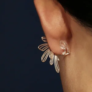 A close-up of the back of an ear showcases the Star Trail ear cuff, crafted from 925 sterling silver. The delicate design features a trail of small star motifs that elegantly wrap around the ear, creating a celestial-inspired look. The cuff is secured with a transparent clip, making it suitable for non-pierced ears. Its fine details and sleek silver finish enhance its sophisticated yet playful charm.