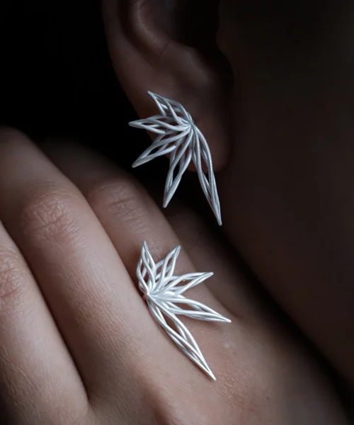 A close-up of the Dancing Petals-Organic Sterling Silver Statement Earrings, featuring their fluid, nature-inspired petal design handcrafted in S925 sterling silver.