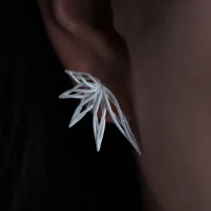 Close-up of Dancing Petals-Organic Sterling Silver Statement Earrings, featuring an elegant leaf-inspired design with fluid, organic curves in polished S925 sterling silver.