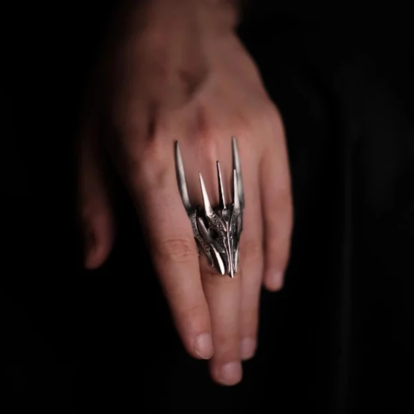 Dark Lord Ring for Men-925 Sterling Silver Gothic Armor Ring 03 A close-up view of a hand wearing the Dark Lord Ring for Men, a 925 Sterling Silver Gothic Armor Ring inspired by Sauron from The Lord of the Rings.