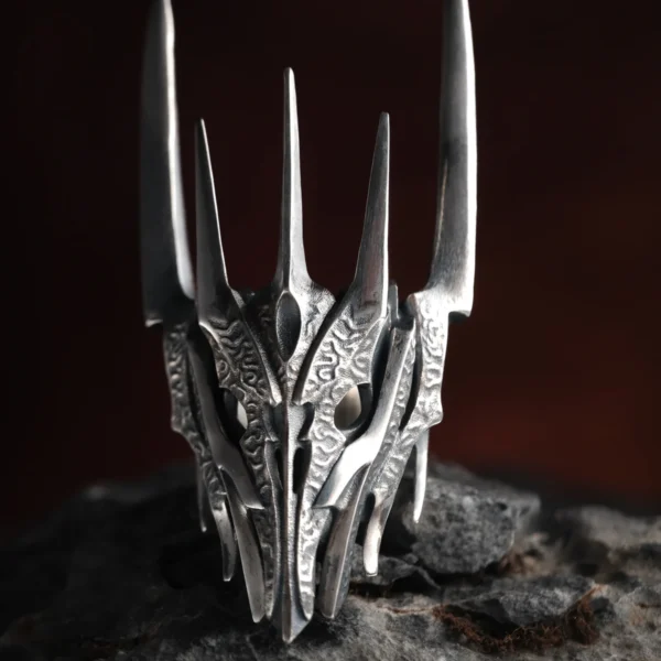 Close-up image of the Dark Lord Ring for Men, a handcrafted 925 sterling silver Gothic Armor Ring with an oxidized finish. Designed with intricate engravings and bold, spiked details, this ring embodies dark elegance and power. Inspired by Sauron from The Lord of the Rings, it features a dramatic armor-like structure that enhances its commanding presence.