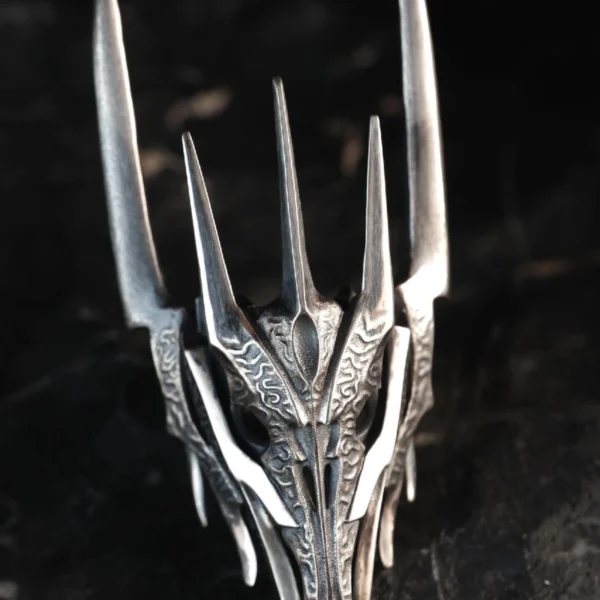 Dark Lord Ring for Men-925 Sterling Silver Gothic Armor Ring 11 A close-up of the Dark Lord Ring for Men, a 925 Sterling Silver Gothic Armor Ring, showcasing its intricate details and bold, spiked design inspired by Sauron from The Lord of the Rings.