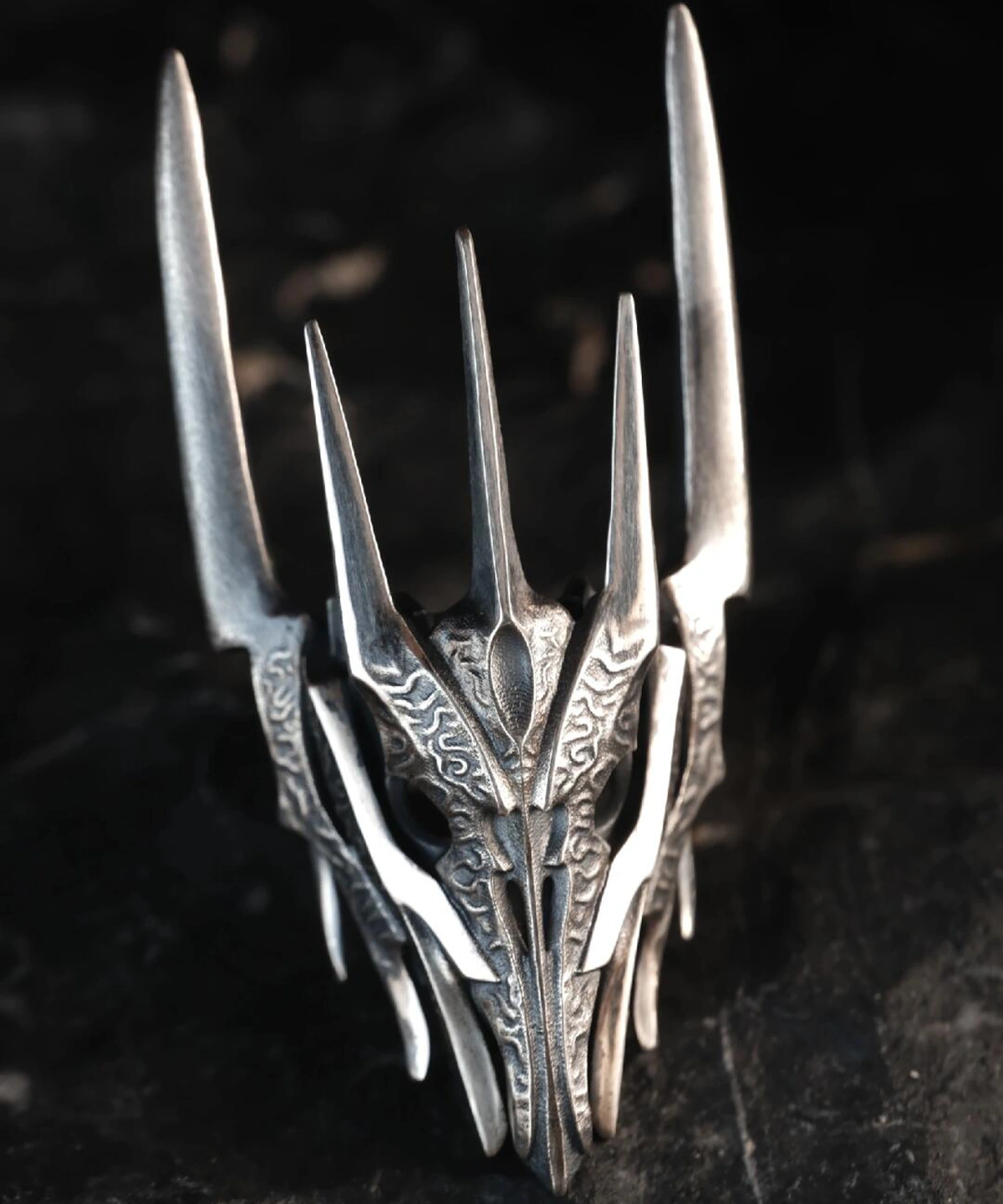 A close-up of the Dark Lord Ring for Men, a 925 Sterling Silver Gothic Armor Ring, showcasing its intricate details and bold, spiked design inspired by Sauron from The Lord of the Rings.
