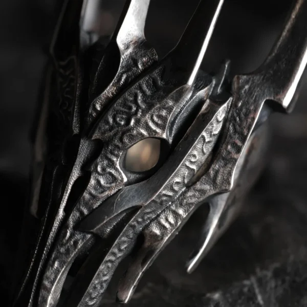 Dark Lord Ring for Men-925 Sterling Silver Gothic Armor Ring 12 Close-up of the Dark Lord Ring for Men, a 925 Sterling Silver Gothic Armor Ring with detailed, oxidized textures inspired by Sauron from The Lord of the Rings.