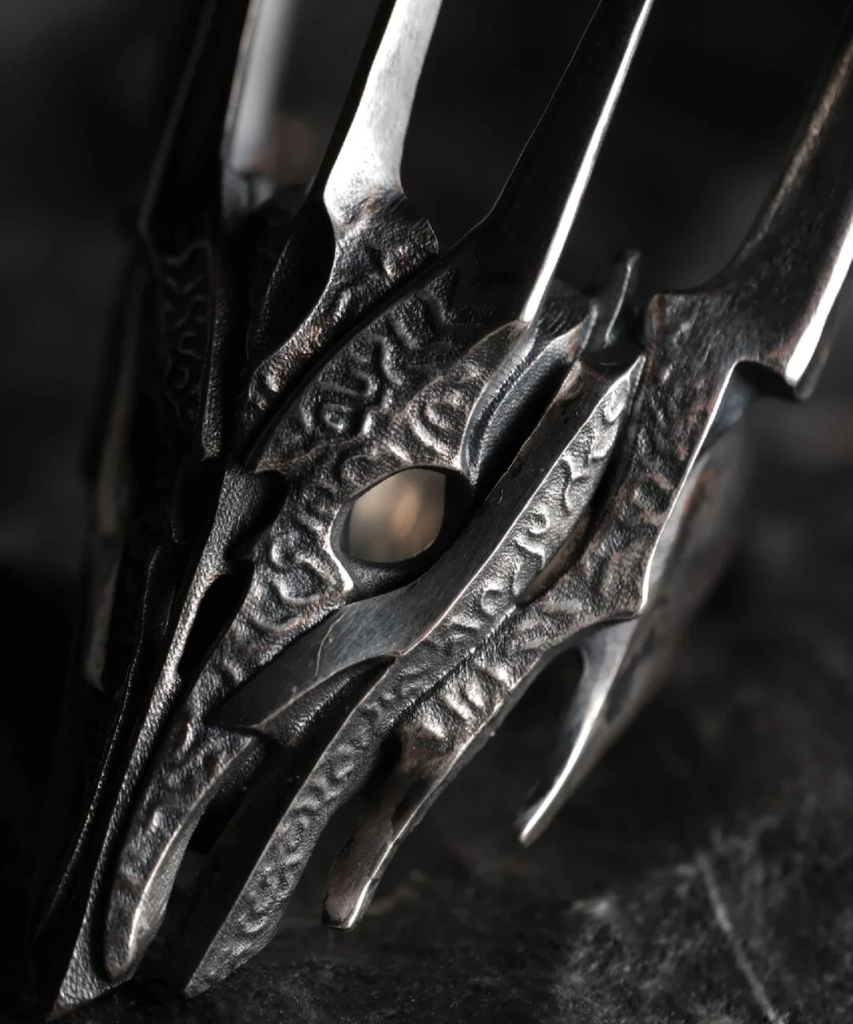 Close-up of the Dark Lord Ring for Men, a 925 Sterling Silver Gothic Armor Ring with detailed, oxidized textures inspired by Sauron from The Lord of the Rings.