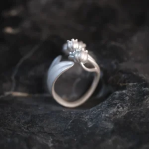 A close-up of the Lily of the Valley Ring, featuring two elegantly sculpted flower buds and delicate leaves, handcrafted from S925 sterling silver. The adjustable silver open ring is set against a dark, textured background, accentuating its intricate detailing.