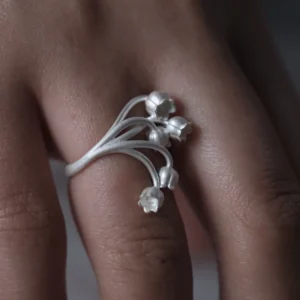A close-up image of a hand wearing the Lily of the Valley Ring, crafted in S925 sterling silver. The silver open ring features delicate, bell-shaped flowers gracefully extending from the adjustable band.