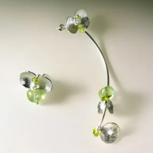 Handmade Lazesoul Prelude Summer Peridot Earrings in Sterling Silver featuring natural prehnite and peridot gemstones. Elegant green stones and textured silver design create a refreshing, nature-inspired accessory.