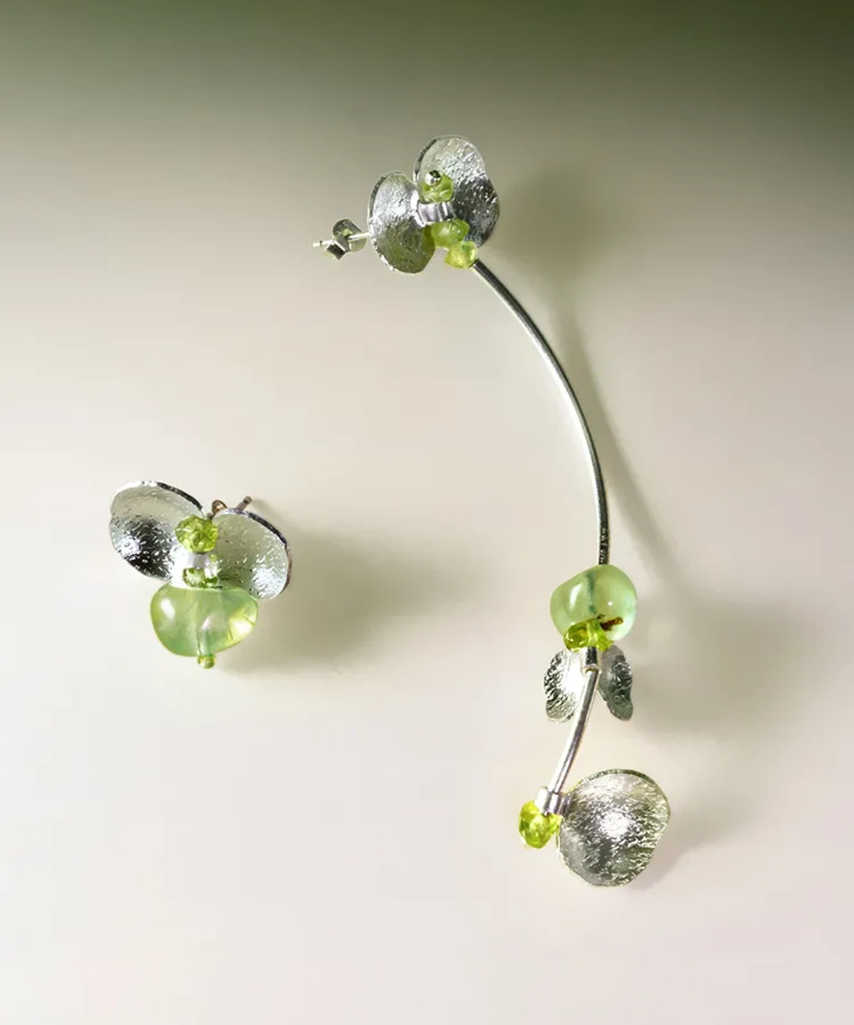 Handmade Lazesoul Prelude Summer Peridot Earrings in Sterling Silver featuring natural prehnite and peridot gemstones. Elegant green stones and textured silver design create a refreshing, nature-inspired accessory.