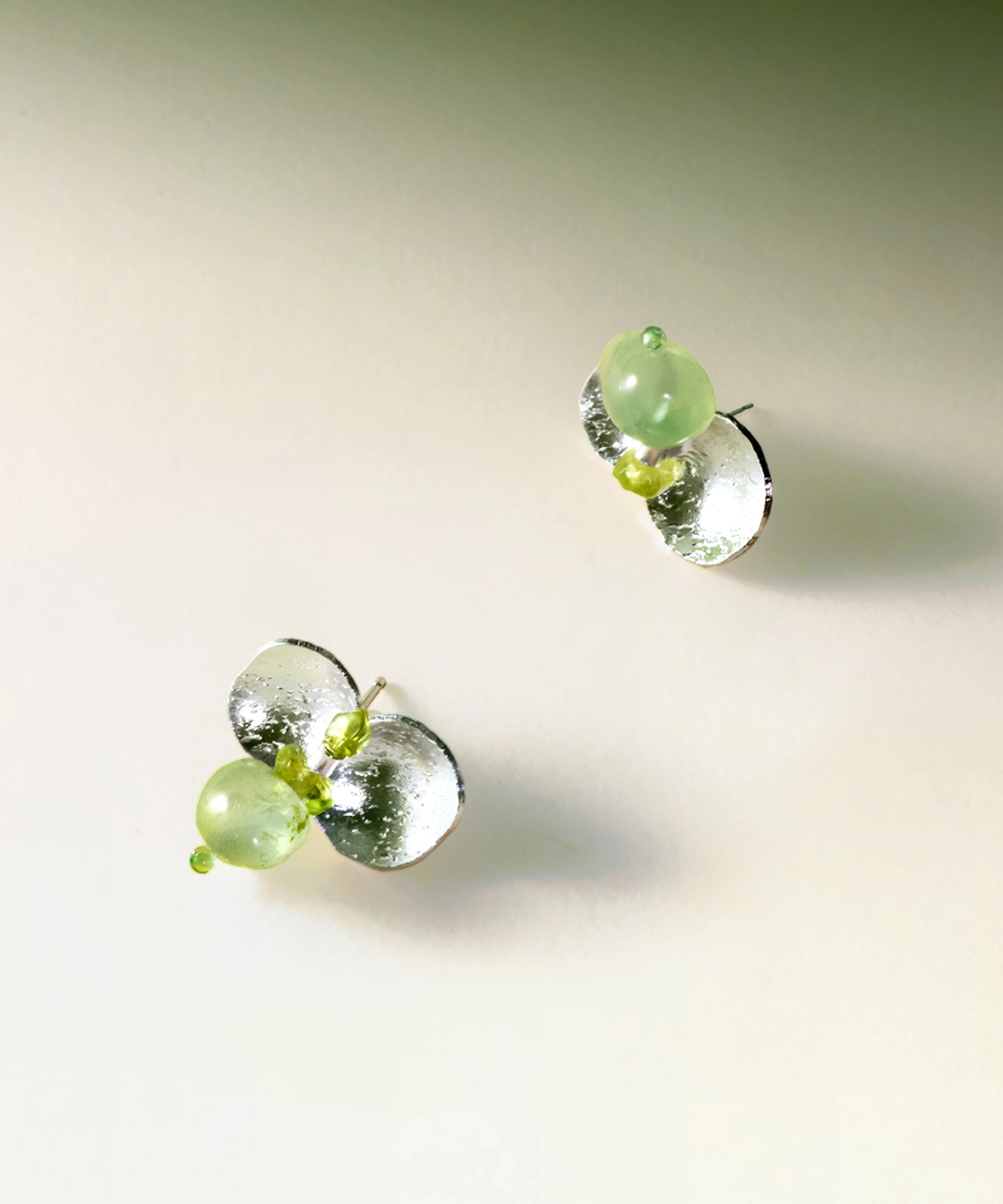 Handmade S925 sterling silver Peridot Earrings with soft green prehnite stones, featuring a delicate floral petal design—Lazesoul Prelude Summer natural jewelry for a fresh, nature-inspired look.