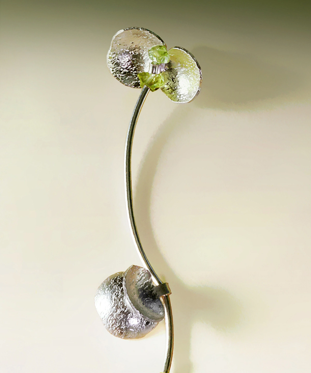 Close-up of Lazesoul Prelude Summer Peridot Earrings in sterling silver, showcasing intricate textured design, natural peridot and prehnite stones, and elegant craftsmanship in handmade natural jewelry.