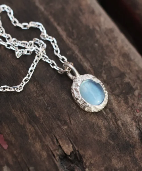 925 Silver Natural Aquamarine Necklace featuring a handmade Lazesoul design with a textured sterling silver pendant and genuine aquamarine gemstone on a delicate silver chain – a standout in natural gemstone jewelry.