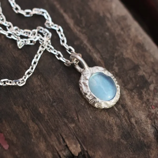 925 Silver Natural Aquamarine Necklace featuring a handmade Lazesoul design with a textured sterling silver pendant and genuine aquamarine gemstone on a delicate silver chain – a standout in natural gemstone jewelry.