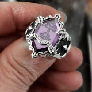 S925 Sterling Silver Guardian Ring with cloud emblem and Vongola inscription, inspired by Katekyo Hitman Reborn anime. Handmade anime jewelry with purple gemstone and fine craftsmanship, designed for anime fans and collectors.