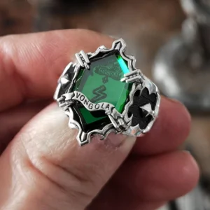 Close-up of Lazesoul’s S925 Sterling Silver Guardian Ring featuring a vivid green gemstone, lightning-inspired details, and a Vongola banner—anime jewelry from Katekyo Hitman Reborn.