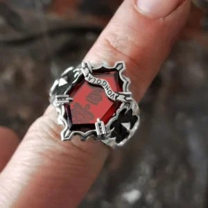 S925 Sterling Silver Guardian Ring-Storm Ring with vivid red gemstone and VONGOLA engraving, worn on hand; part of Lazesoul Handmade Anime Jewelry inspired by Katekyo Hitman Reborn's Vongola Guardian Ring.