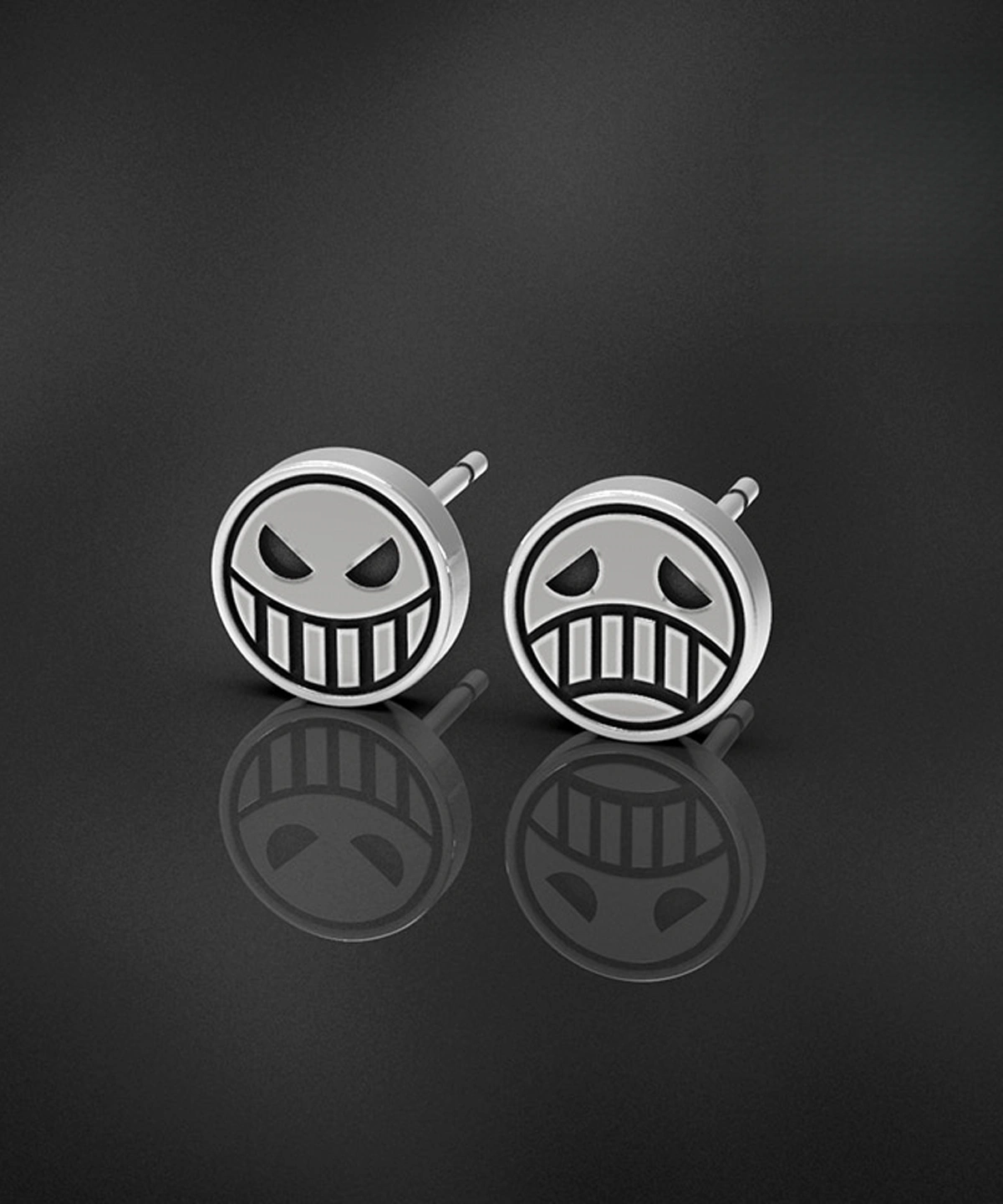 S925 sterling silver pirate earrings featuring smiling and crying face studs, inspired by One Piece anime. Lazesoul Handmade Jewelry showcases expressive, detailed pirate-themed designs perfect for anime and fashion lovers.