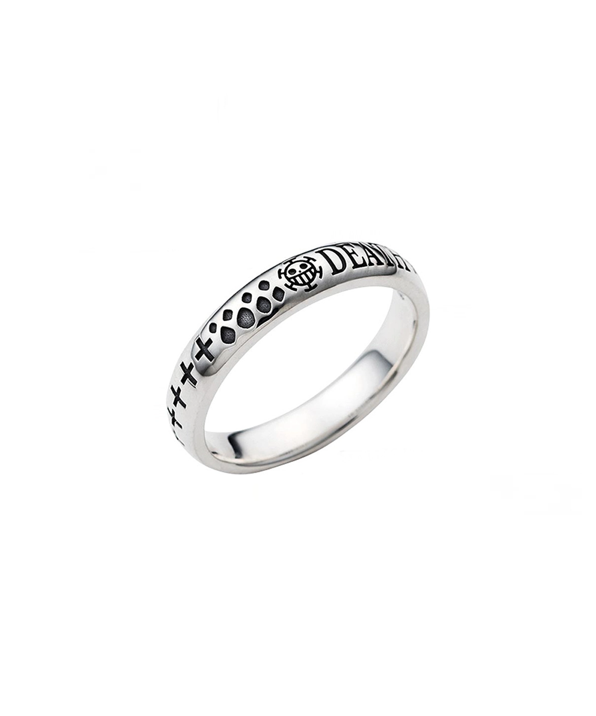 S925 Sterling Silver Pirates Ring featuring anime-inspired engravings like crosses, paw prints, and “DEATH,” evoking One Piece motifs. Lazesoul handmade jewelry designed for fans of pirate symbolism.