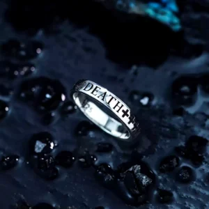 S925 Sterling Silver Pirates Ring featuring engraved “DEATH” text and bold cross motifs, handcrafted in minimalist silver finish. Lazesoul Handmade Anime Jewelry inspired by One Piece.