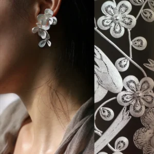 Close-up of Lazesoul Handmade Natural Jewelry’s Sterling Silver Filigree Blossom Earrings worn on ear, showcasing intricate floral filigree detailing and elegant ear cuff and drop earring combination.