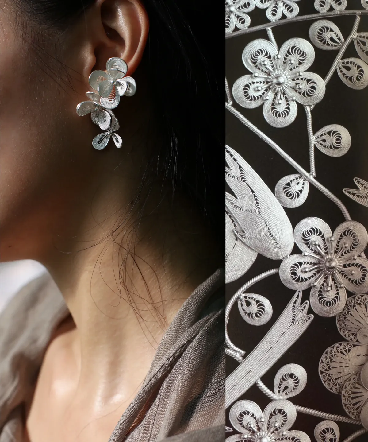 Close-up of Lazesoul Handmade Natural Jewelry’s Sterling Silver Filigree Blossom Earrings worn on ear, showcasing intricate floral filigree detailing and elegant ear cuff and drop earring combination.