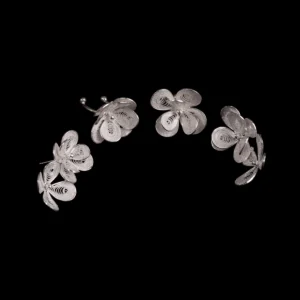 A pair of S925 Sterling Silver Filigree Blossom Earrings combining an ear cuff and drop earring, intricately handcrafted with floral motifs; a refined statement piece from Lazesoul Handmade Natural Jewelry.