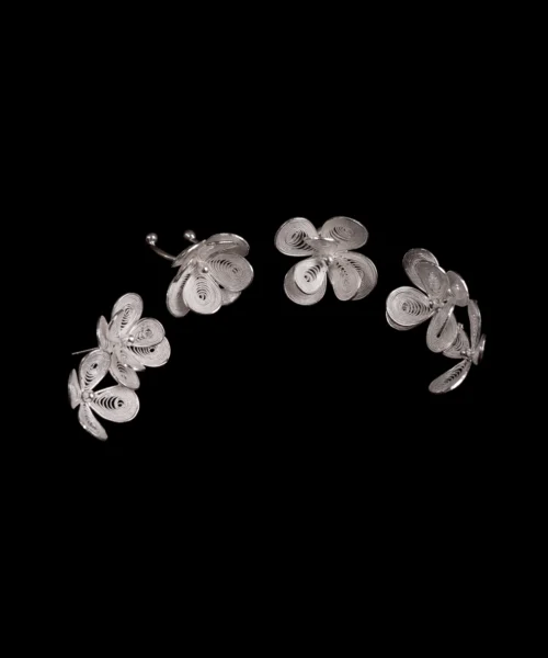 A pair of S925 Sterling Silver Filigree Blossom Earrings combining an ear cuff and drop earring, intricately handcrafted with floral motifs; a refined statement piece from Lazesoul Handmade Natural Jewelry.