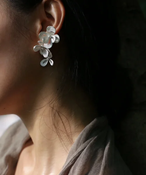 Close-up of model wearing Lazesoul S925 Sterling Silver Filigree Blossom Earrings—delicate floral ear cuff paired with a drop earring, handmade in natural style to embody the elegance of blossom-inspired jewelry.