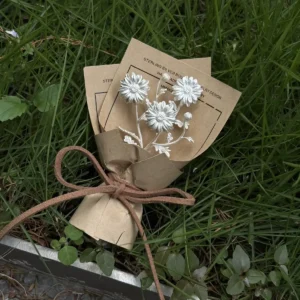 Elegant 925 sterling silver mini daisy bouquet displayed with rustic brown wrapping on green grass, perfect handmade art gift from Lazesoul. Nature-inspired jewelry for Daisy Bouquet lovers and Art Gifts collectors.