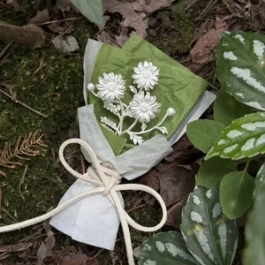 A nature‑inspired display of the 925 sterling silver mini daisy bouquet from Lazesoul Handmade Art Gifts, styled with moss, leaves, and twine wrapping, evoking artisanal charm and timeless beauty in this delicate Daisy Bouquet art gift.