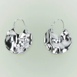Handmade 990 pure silver Moon Earrings by Lazesoul, featuring sculptural, crumpled moon-inspired discs with a reflective finish. Modern art jewelry blending celestial elegance with contemporary design.